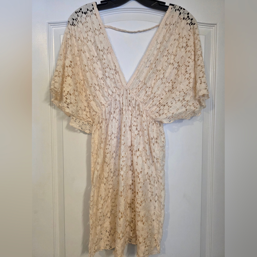 Cream Lace V-Neck Swim Cover Dress